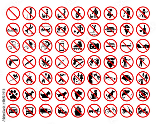 Set of 63 prohibition signs. Different types of prohibition signs related to the use of toilets, public buildings and institutions, hotels and nature parks.