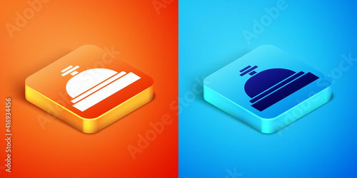 Isometric Hotel service bell icon isolated on orange and blue background. Reception bell. Vector.