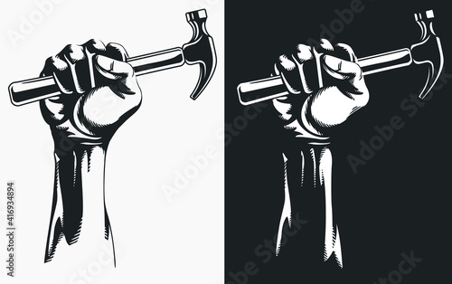 Silhouette hand holding hammer clipart drawing, transparent logo illlustration