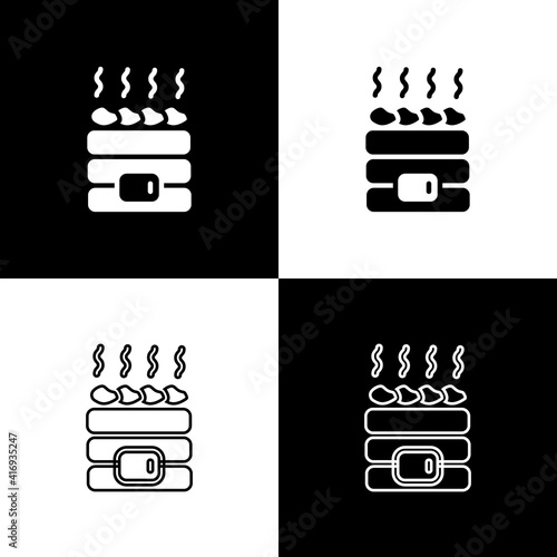 Set Hot sauna stones icon isolated on black and white background. Spa resort recreation, bathhouse relaxation. Hot stones on electric heater. Vector.