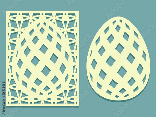 Set of Tracery Eggs with grid pattern. Laser cutting oval and rectangle card template. Happy Easter egg with mesh pattern. Silhouette of elements.