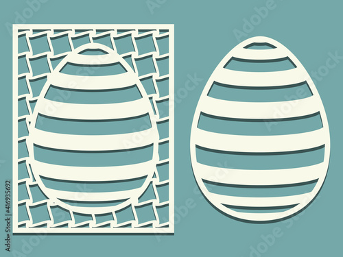 Set of Tracery Eggs with horizontal striped pattern. Laser cutting oval and rectangle card template. Happy Easter egg with stripe ornament. Silhouette of elements.