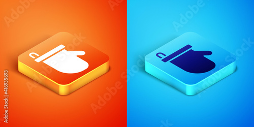 Isometric Sauna mittens icon isolated on orange and blue background. Mitten for spa. Vector.