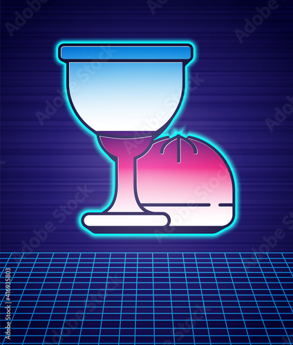 Retro style Holy grail or chalice icon isolated futuristic landscape background. Christian chalice. Christianity icon. 80s fashion party. Vector.