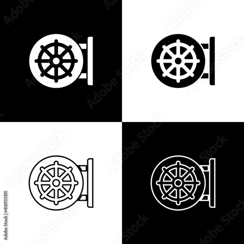 Set Dharma wheel icon isolated on black and white background. Buddhism religion sign. Dharmachakra symbol. Vector.
