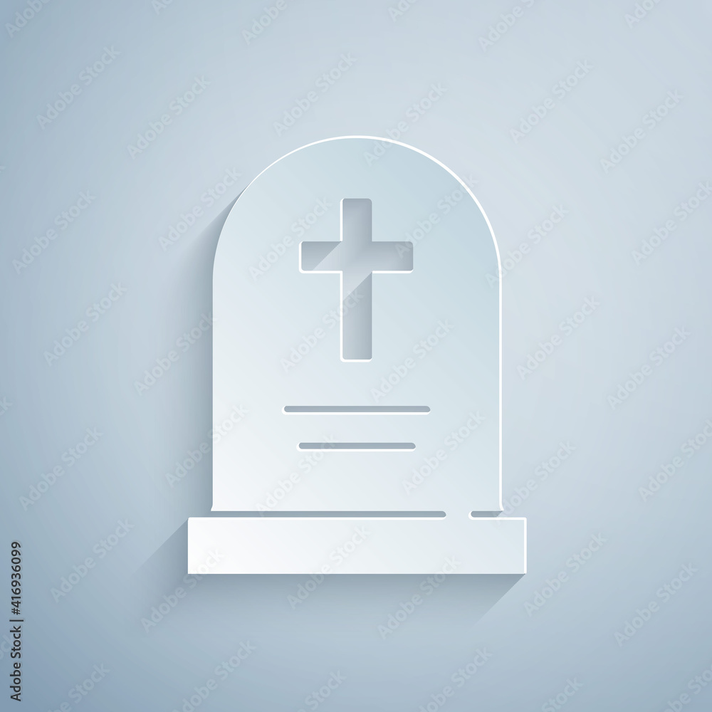 Obraz premium Paper cut Tombstone with cross icon isolated on grey background. Grave icon. Happy Halloween party. Paper art style. Vector.