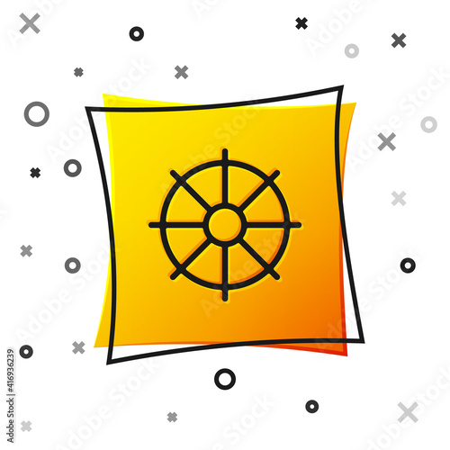 Black Dharma wheel icon isolated on white background. Buddhism religion sign. Dharmachakra symbol. Yellow square button. Vector.