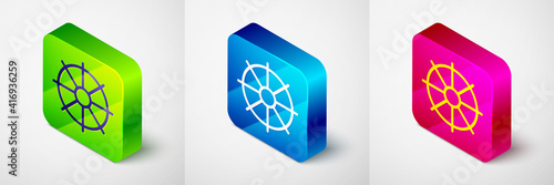 Isometric Dharma wheel icon isolated on grey background. Buddhism religion sign. Dharmachakra symbol. Square button. Vector.
