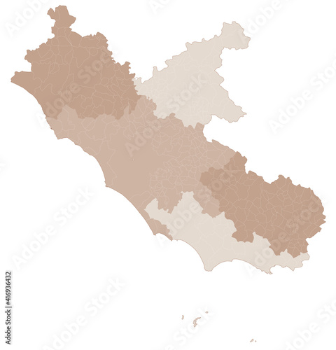 Lazio map, division by provinces and municipalities. Closed and perfectly editable polygons, polygon fill and color paths editable at will. Levels. Political geographic map. Italy