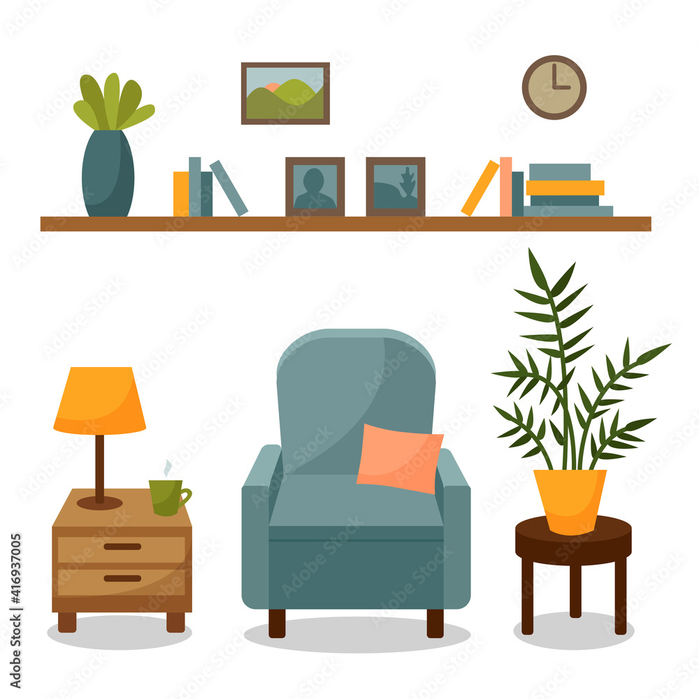 Fototapeta premium Living room interior isolated on a white background. Set with furniture - armchair with pillow, home flowers, bedside table with lamp, shelf with books, clock.