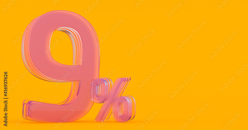 nine (9) percent in glass, Glass 3d number on colored background, 3d render nine (9) percent in glass, Glass 3d number on colored background, 3d render