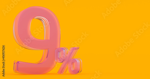 nine (9) percent in glass, Glass 3d number on colored background, 3d render