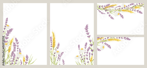 Birthday or Wedding invitation cards. Vector design element, wreaths of lavender, chamomile and wheat ears, medicinal herbs, calligraphy lettering.	