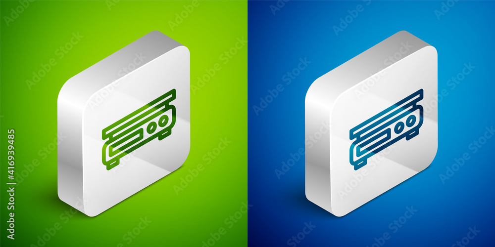 Isometric line Electronic scales icon isolated on green and blue background. Weight measure equipment. Silver square button. Vector.
