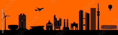 Vector city skyline silhouette - illustration, 
Town in orange background, 
Munich Germany