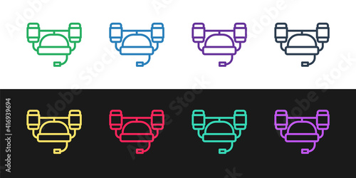 Set line Beer helmet or hand free for drink icon isolated on black and white background. Vector.