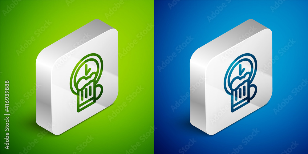 Isometric line Happy hour with wooden beer mug icon isolated on green and blue background. Silver square button. Vector.