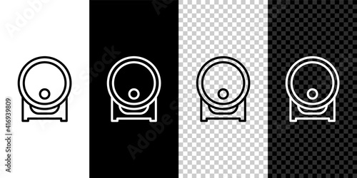 Set line Wooden barrel on rack with stopcock icon isolated on black and white,transparent background. Vector.