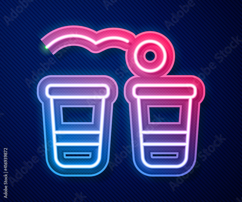 Glowing neon line Beer pong game icon isolated on blue background. Alcohol party game. Vector.