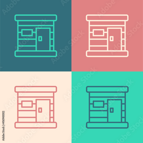 Pop art line Sauna wooden bathhouse icon isolated on color background. Heat spa relaxation therapy bath and hot steam healthcare, relax therapy. Vector.