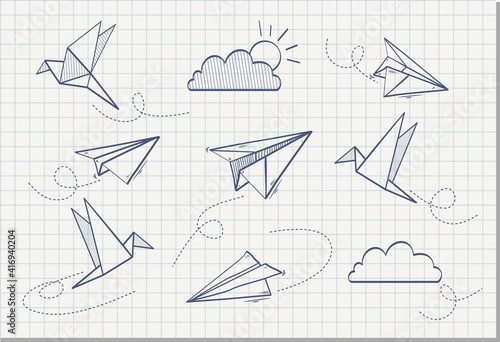 Hand drawn Origami paper birds, airplane, sun and cloud