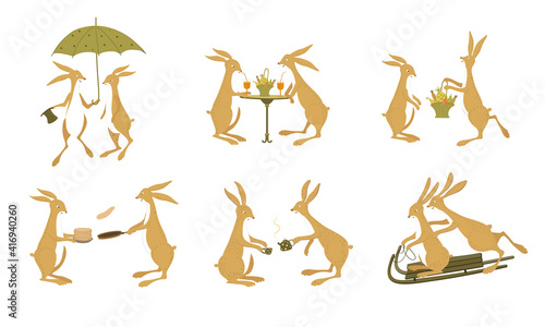 Six vector scenes with cute bunnies. Hares prepare food, drink tea, cocktails, go on dates, walk under an umbrella. Vector illustration for children isolated on white background.