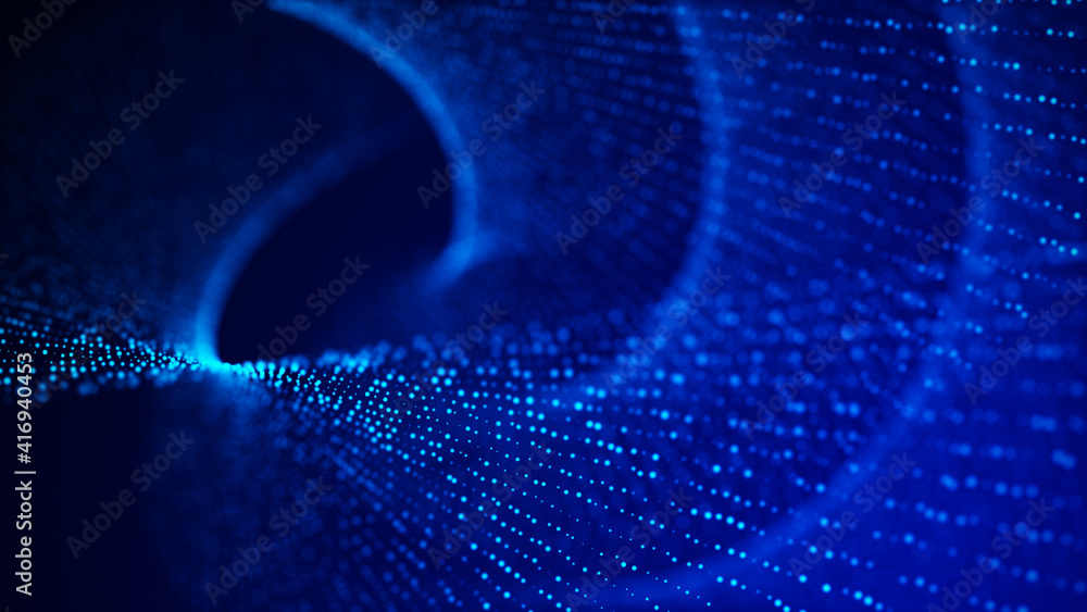 Fototapeta premium Abstract particle vortex. Futuristic dynamic wave moving in space. Illustration with explosion of data. 3d rendering.