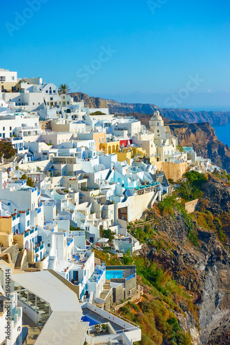 Fira town on the rocky coast of Santorini Island in Greece