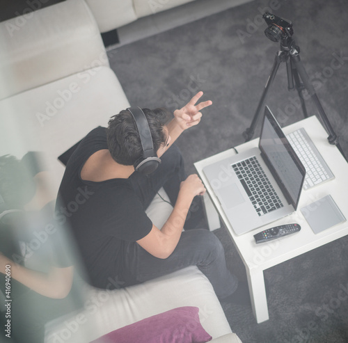 Top view of teenage boy vlogging , High quality photo photo