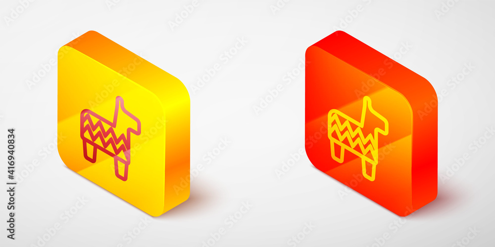 Isometric line Pinata icon isolated on grey background. Mexican traditional birthday toy. Yellow and orange square button. Vector. Isometric line Pinata icon isolated on grey background. Mexican traditional birthday toy. Yellow and orange square button. Vector.
