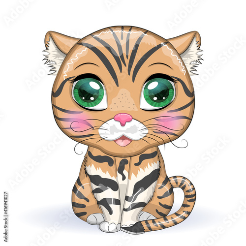 Black footed cat with beautiful eyes in cartoon style