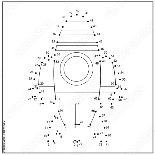 Kids game. Dot to dot connect drawing of space rocket. Children worksheet and coloring activity page.
