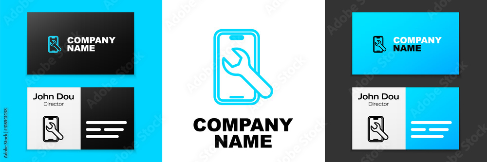 Blue line Mobile phone with wrench icon isolated on white background. Adjusting, service, setting, maintenance, repair. Logo design template element. Vector. Blue line Mobile phone with wrench icon isolated on white background. Adjusting, service, setting, maintenance, repair. Logo design template element. Vector.