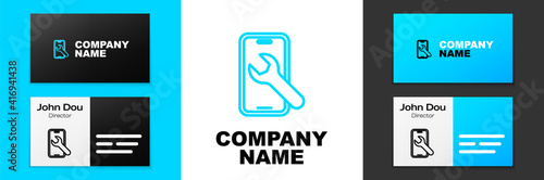 Blue line Mobile phone with wrench icon isolated on white background. Adjusting, service, setting, maintenance, repair. Logo design template element. Vector.