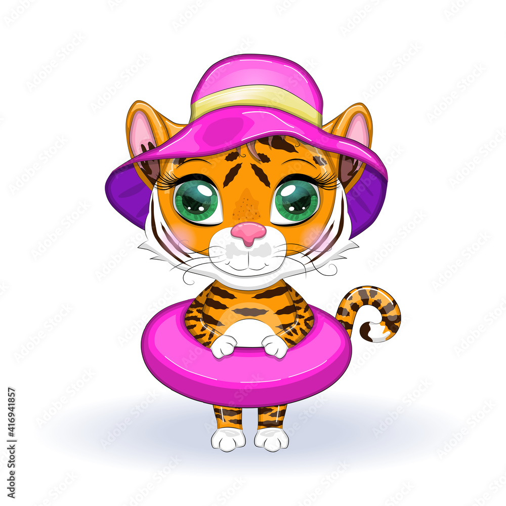 Fototapeta premium Cute cartoon tiger with beautiful eyes, orange with a circle for swimming and wearing a hat. Chinese New Year 2022, Year of the Tiger.