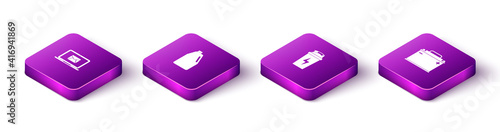 Set Isometric Laptop with envelope, Household chemicals bottle, Fitness shaker and Car battery icon. Vector.