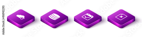 Set Isometric Cloud sync refresh, Database, Calendar with check mark and Delete file document icon. Vector.