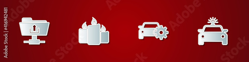 Set FTP folder upload, Burning candles, Car service and Police car flasher icon. Vector.