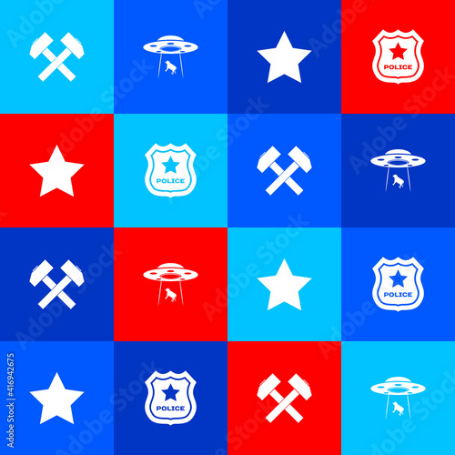 Set Two crossed hammers, UFO abducts cow, Star and Police badge icon. Vector. © vector_v