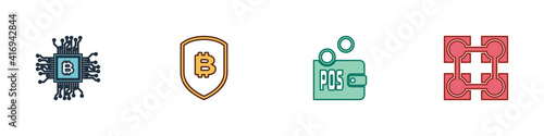 Set CPU mining farm, Shield with bitcoin, Proof of stake and Blockchain technology icon. Vector.