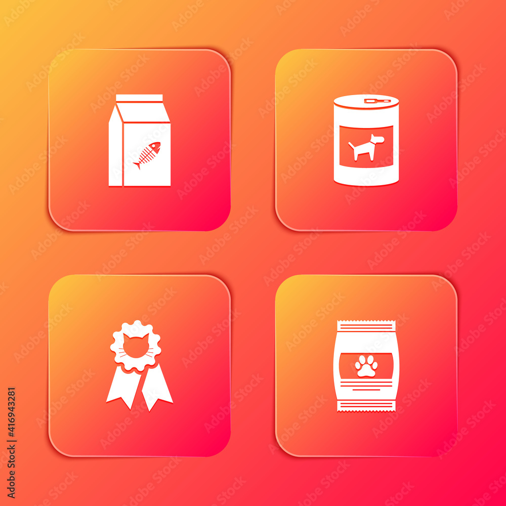 Set Bag of food for cat, Canned dog, Cat award symbol and pet icon. Vector.