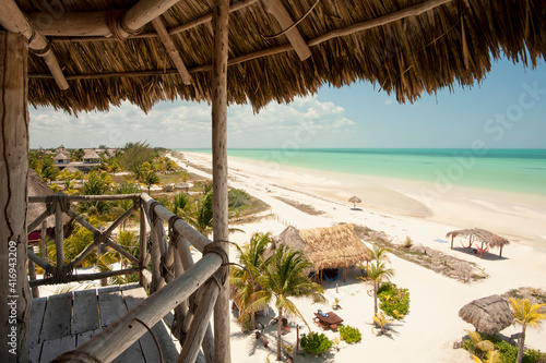 Fantastic panoramic aerial view from a wooden hut of a tropical beach  Isla de Holbox  Mexico  Holiday travel concept. 