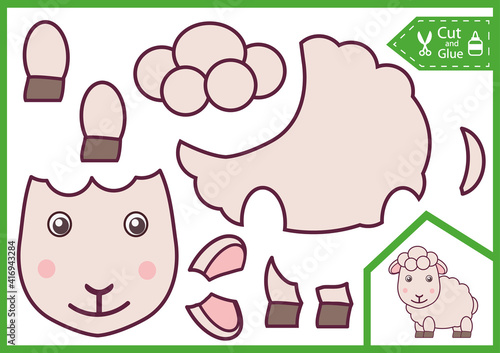 Cut and glue the paper a cute sheep. Kids crafts activity page. Simple children worksheet. Vector illustration.