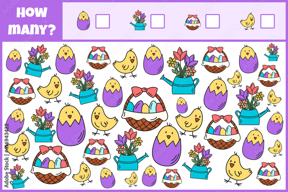 Educational mathematical game. Count the number of Easter decorations. Count how many Easter decorations. Counting game for children.