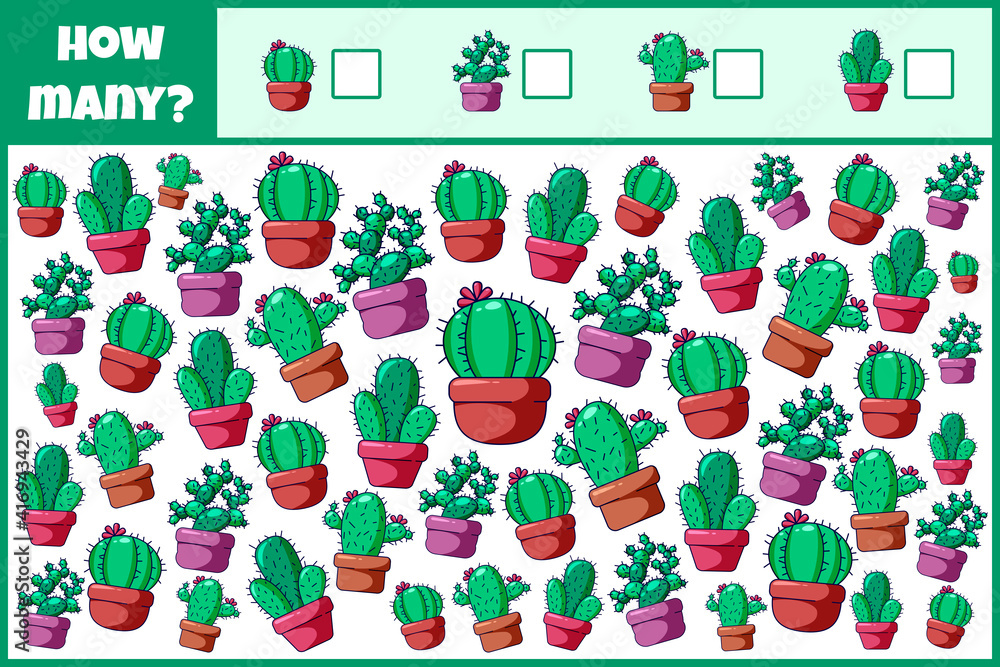 Naklejka premium Educational mathematical game. Count the number of cacti. Count how many indoor cacti. Counting game for children.
