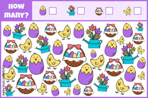 Educational mathematical game. Count the number of Easter decorations. Count how many Easter decorations. Counting game for children.