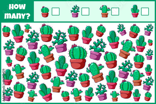 Educational mathematical game. Count the number of cacti. Count how many indoor cacti. Counting game for children.