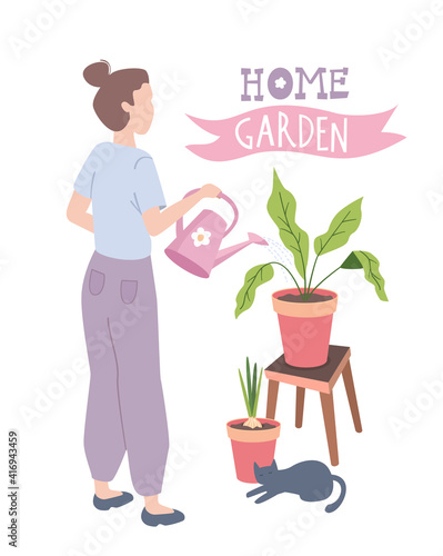 Home gardering. Woman planting gardens flowers and plants