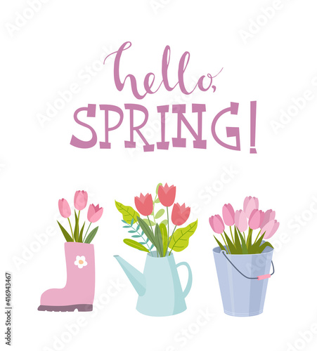 Hello spring card with tulips in rubber boot, bucket, watering can
