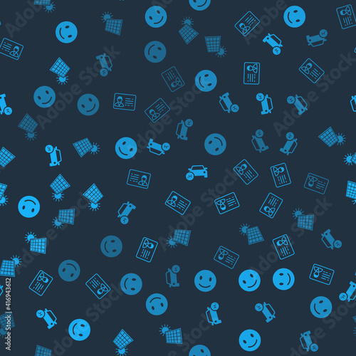 Set Smile face, Identification badge, Hydrogen car and Solar energy panel and sun on seamless pattern. Vector.
